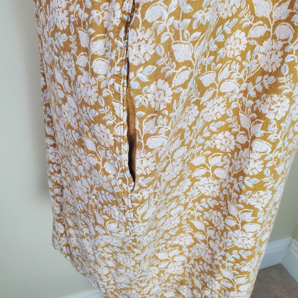 Faherty Hana Short Floral Dress Tan Small Linen Blend Prairie Cottagecore Pleats - Picture 3 of 8